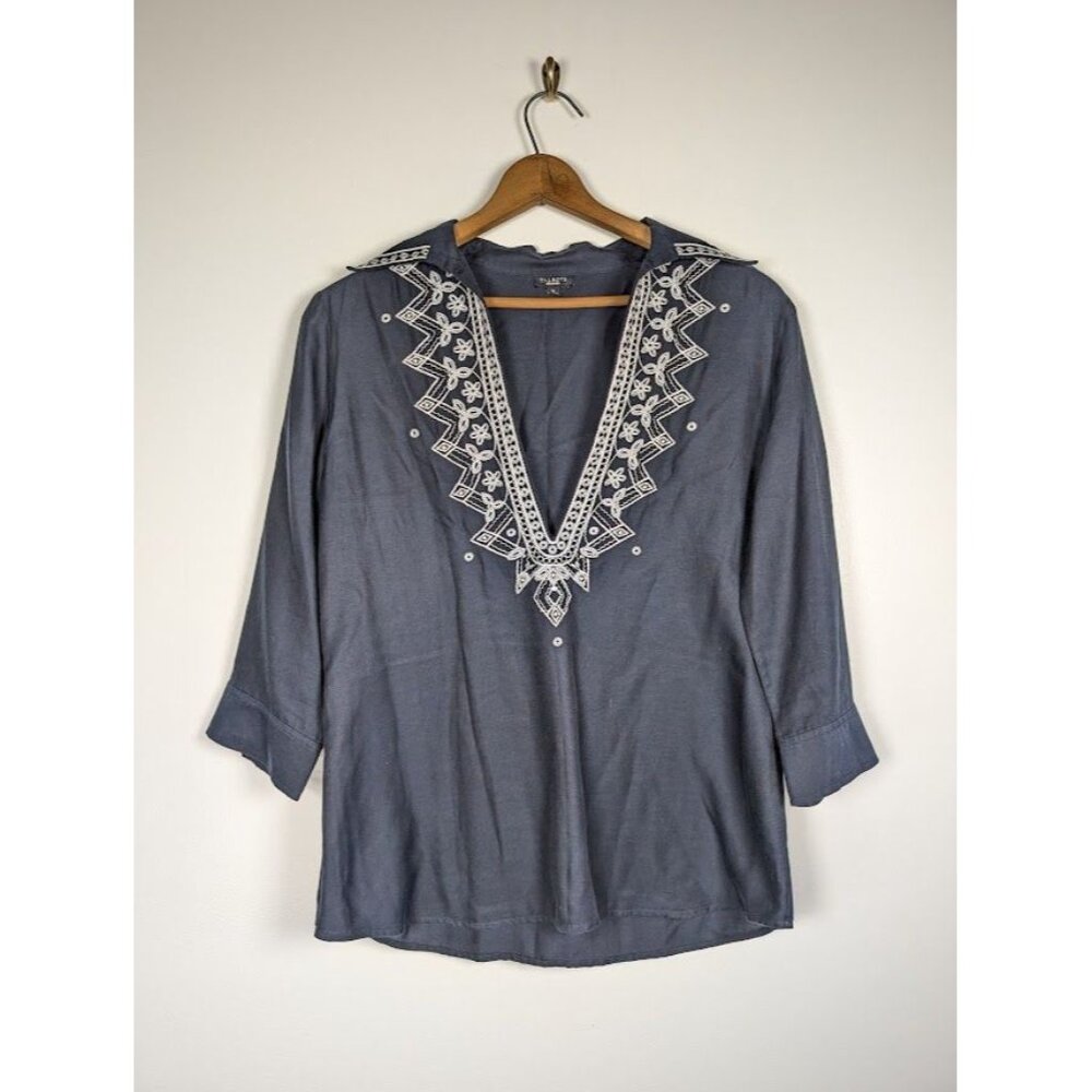 Talbots Top Size 12 Embroidered Silk Blend 3/4 Sleeve Tunic Boho Moroccan Artsy